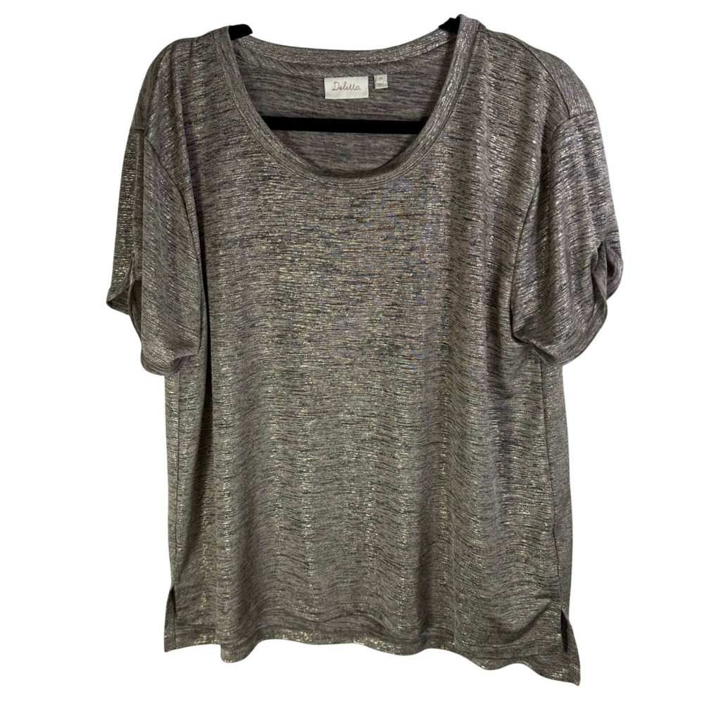 Deletta Anthropologie Gold Metallic Knit Scoop Neck Cuffed Sleeve Top XL